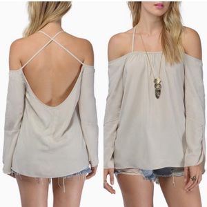 TOBI Off Shoulder Strappy Crisscross Tulip Bell Long Sleeve Blouse Champagne